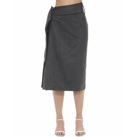 NWT $900 ROKH GRAY HERRINGBONE SIDE PLEAT WOOL BLEND MIDI SKIRT IT SZ 34 US SZ 2 - Picture 2 of 9